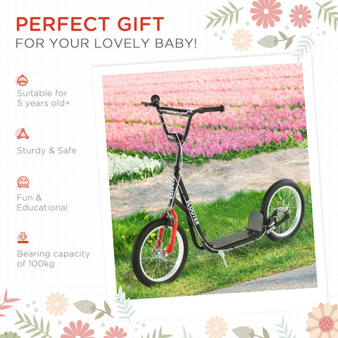 Black and red homcom kids kick scooter with rubber wheels, adjustable height, sturdy frame, and anti-slip deck
