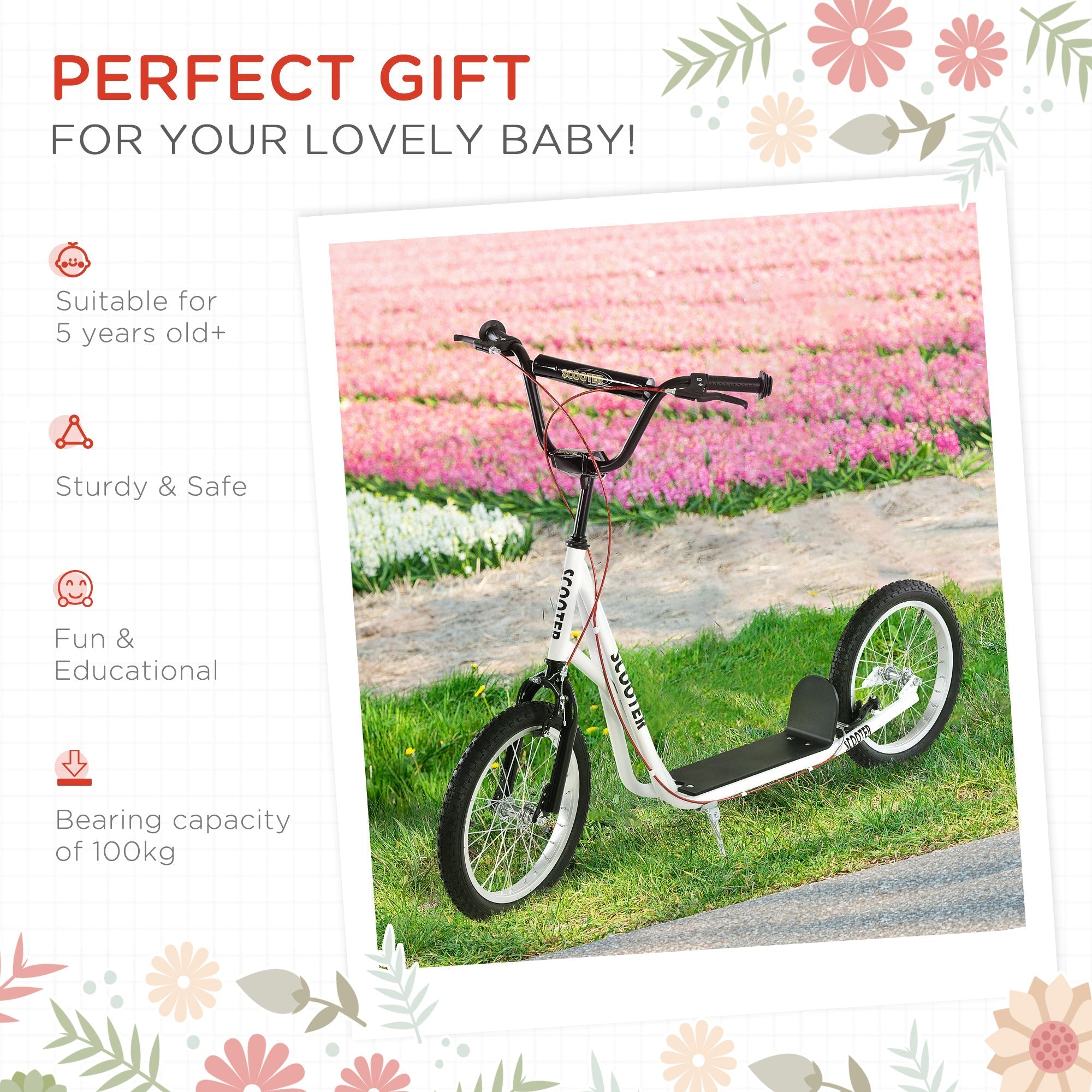 White and black HOMCOM kids kick scooter with adjustable height, anti slip deck, dual brakes, and rubber wheels