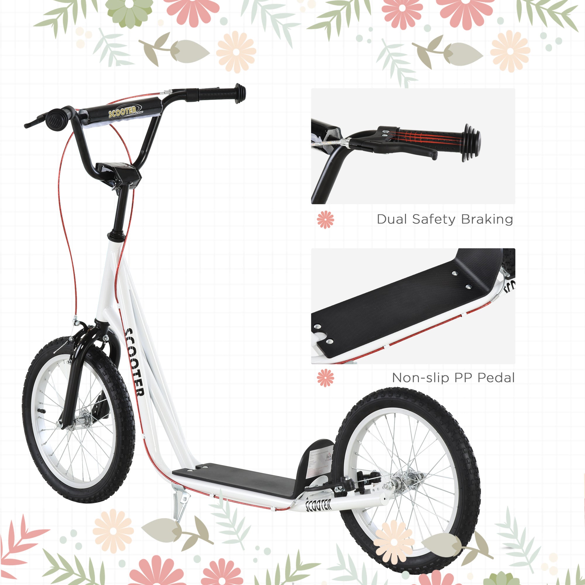 White and black homcom kids kick scooter with red accents rubber wheels dual brakes and anti slip pp pedal