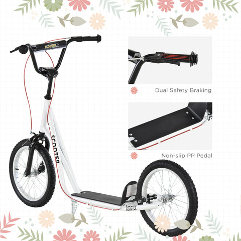 White and black homcom kids kick scooter with red accents rubber wheels dual brakes and anti slip pp pedal
