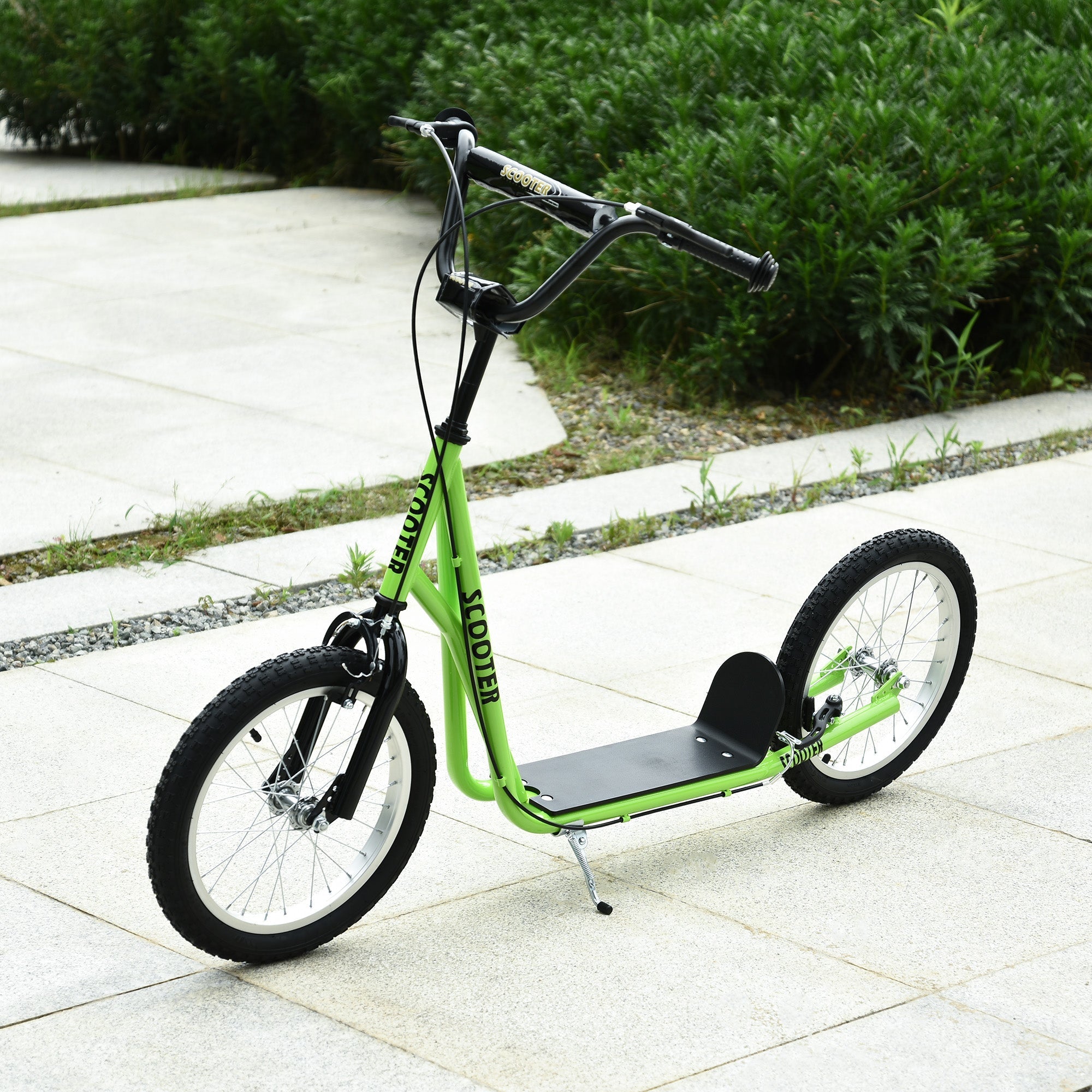 Bright green homcom kick scooter for kids with adjustable height rubber wheels and dual brakes for ages 5 plus