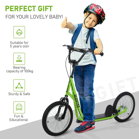 Bright green and black homcom kids kick scooter with adjustable height durable rubber wheels and safety dual brakes for kids 5+