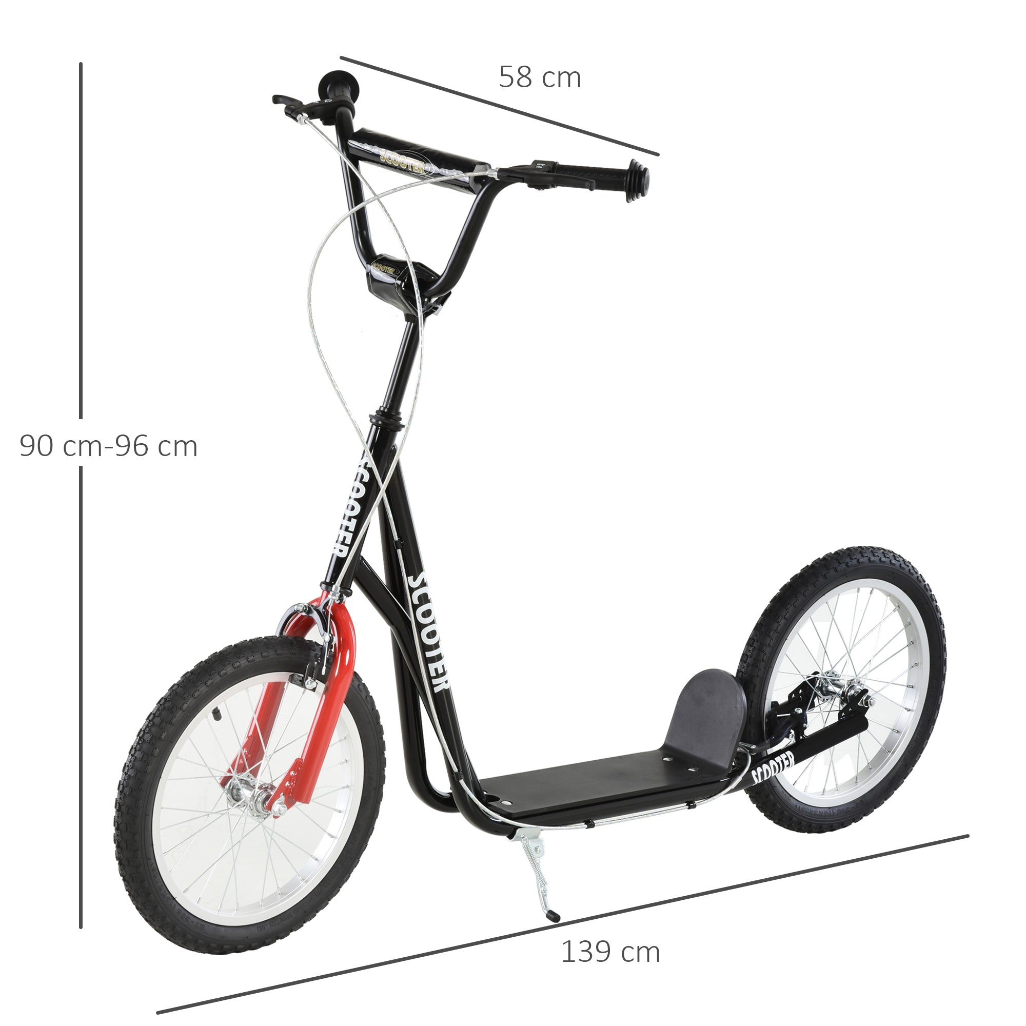 Black and red HOMCOM kids scooter with adjustable height, rubber wheels, kickstand, and dual brakes for boys and girls 5+