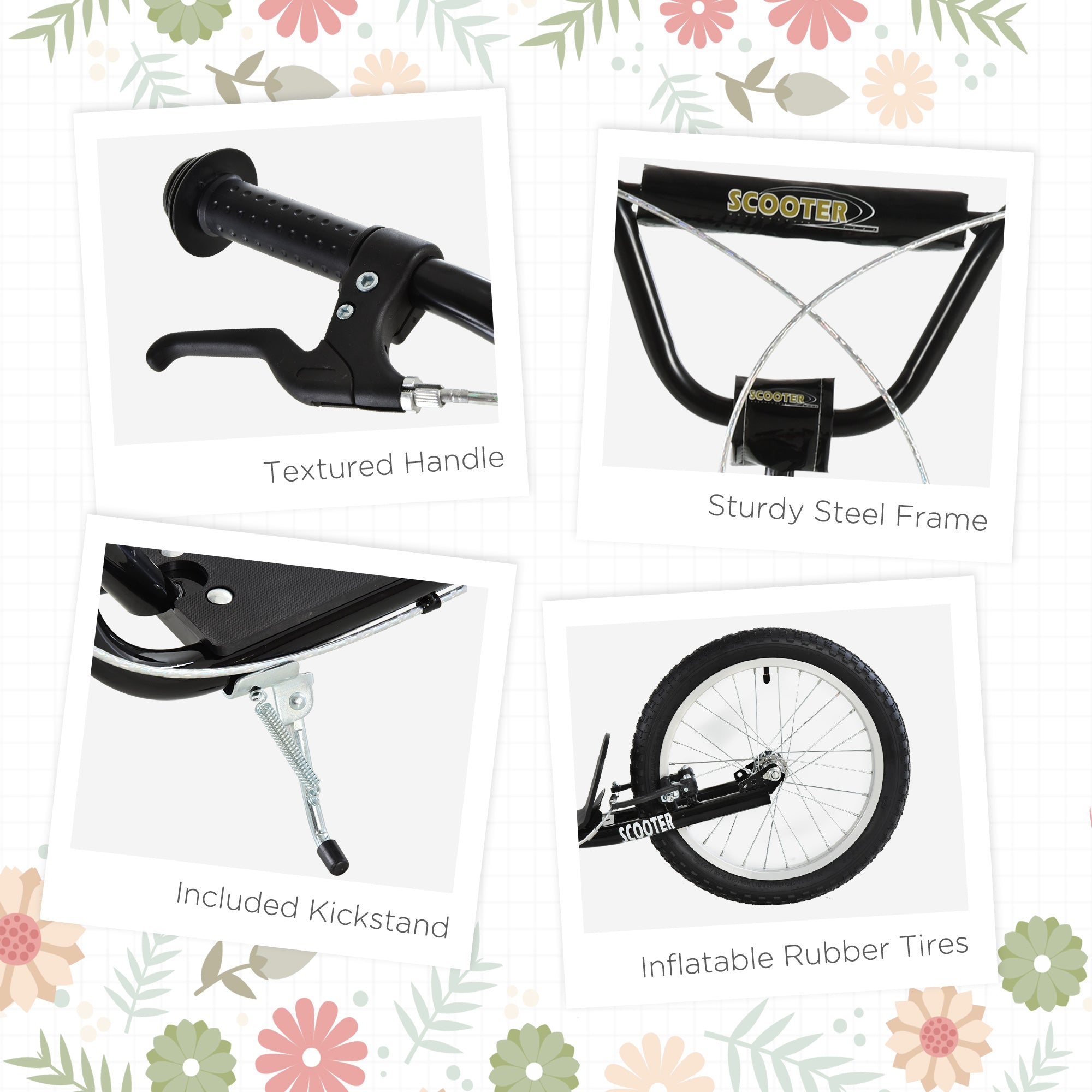 Black homcom kick scooter for kids with adjustable height, steel frame, textured handlebars, rubber wheels, and kickstand