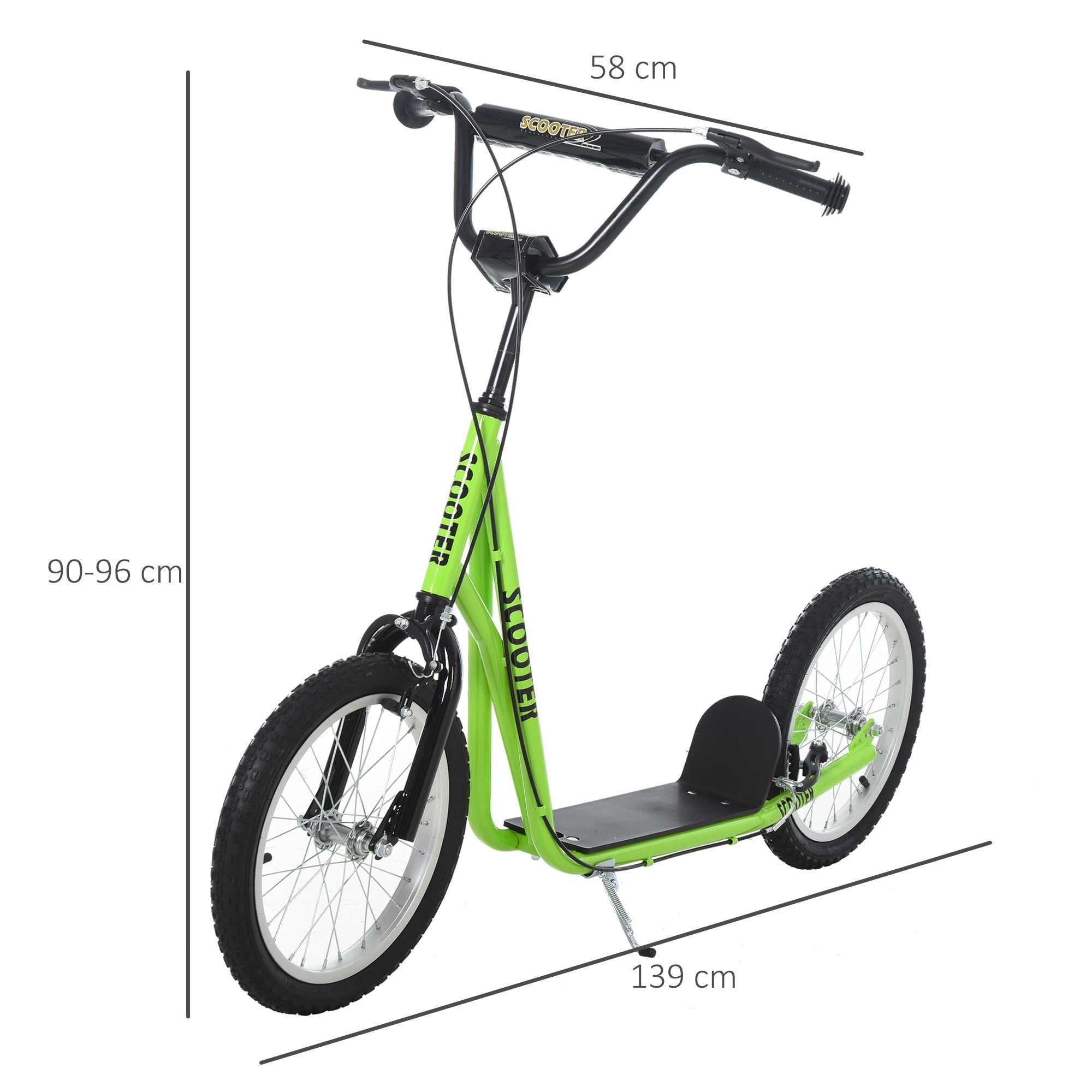 Bright green homcom kick scooter for kids with adjustable height black footplate and rubber wheels for ages 5 plus