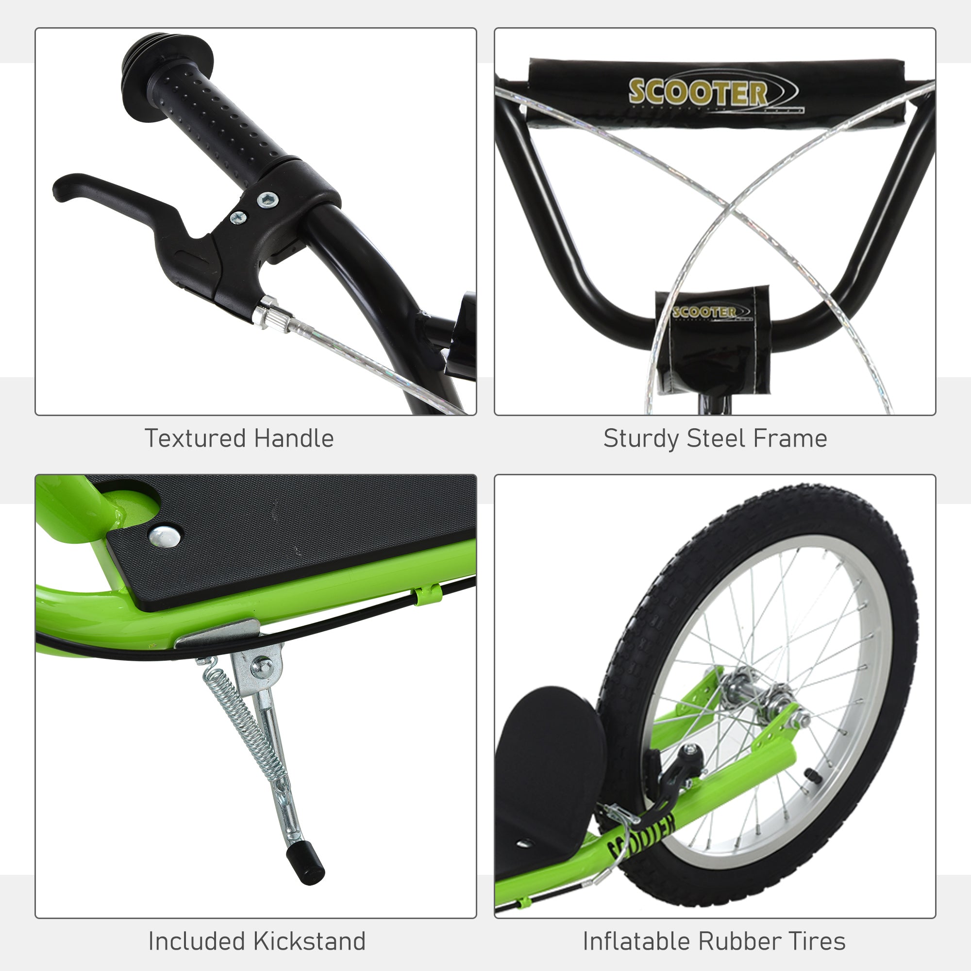 Bright green homcom kick scooter for kids with adjustable height black handlebars and rubber wheels for ages 5 plus