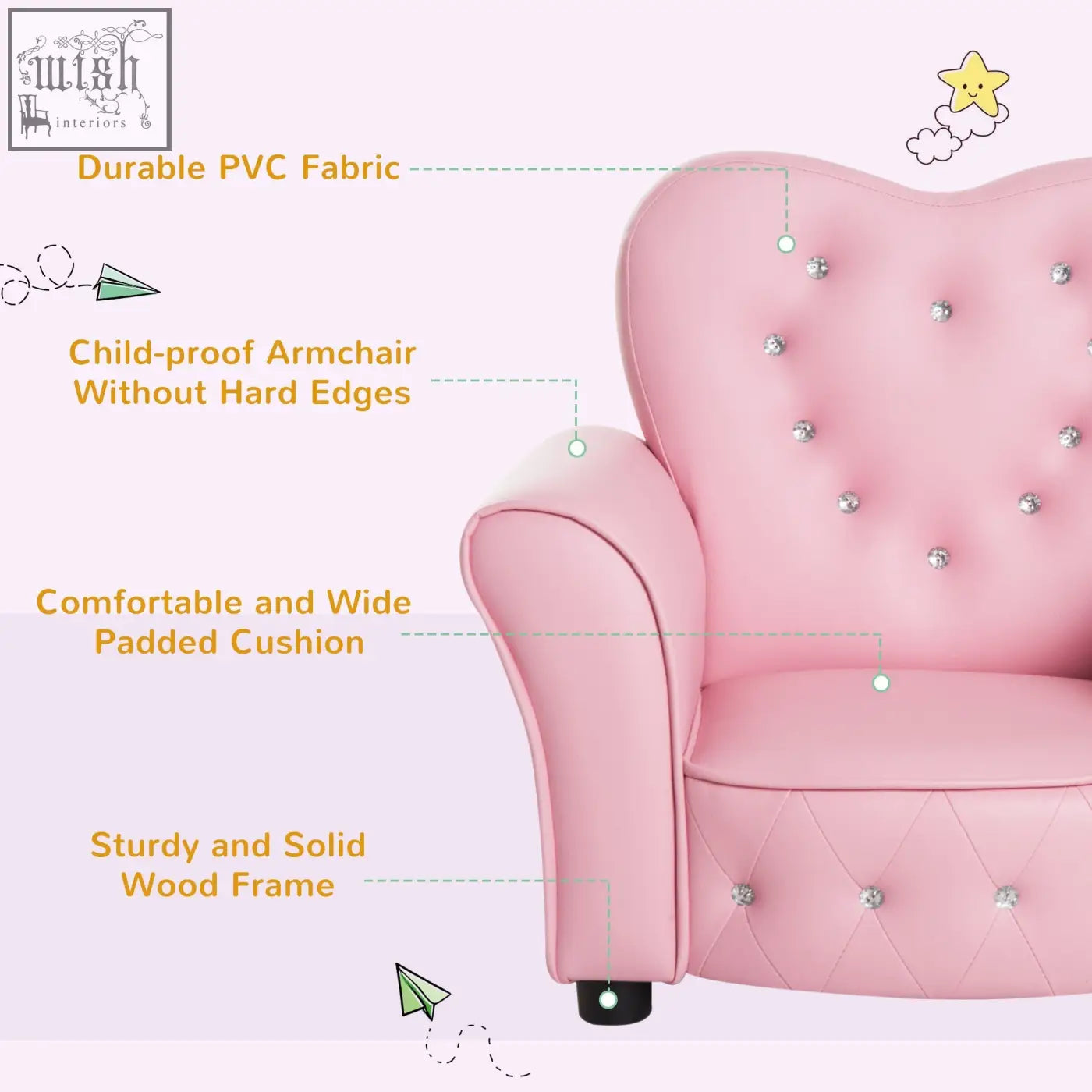 Homcom kids pink tufted armchair with silver studs padded cushion solid wood toddler chair en71-1-2-3 certified
