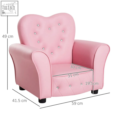 Homcom kids pink heart-shaped toddler armchair with faux leather solid wood frame and silver rhinestone details en71-1-2-3 certified
