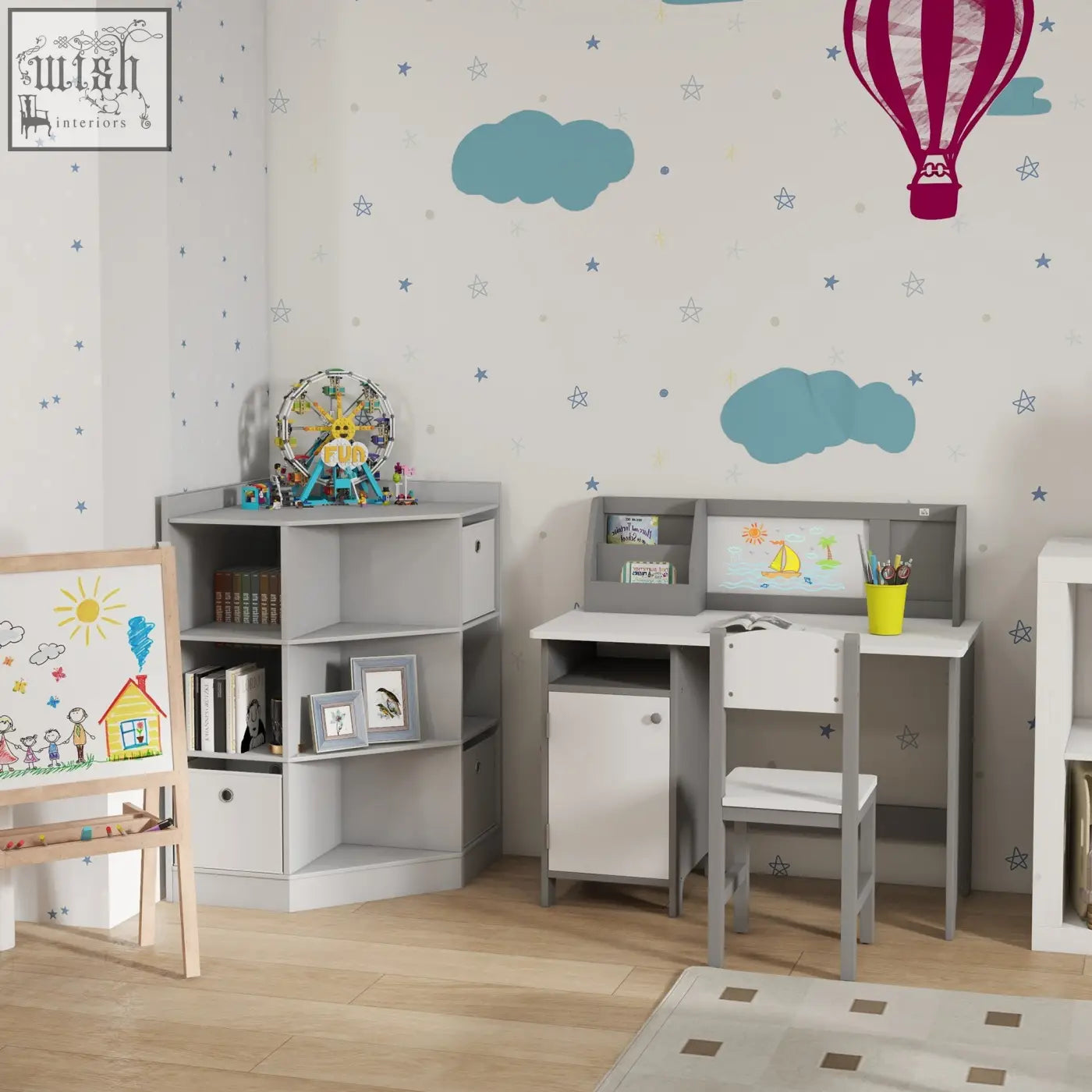 Gray and white homcom kids corner desk with integrated storage drawers and matching chair for playroom use