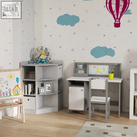 Gray and white homcom kids corner desk with integrated storage drawers and matching chair for playroom use
