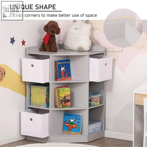 Gray homcom kids bookshelf with nine compartments and three white fabric drawers for toys and books storage