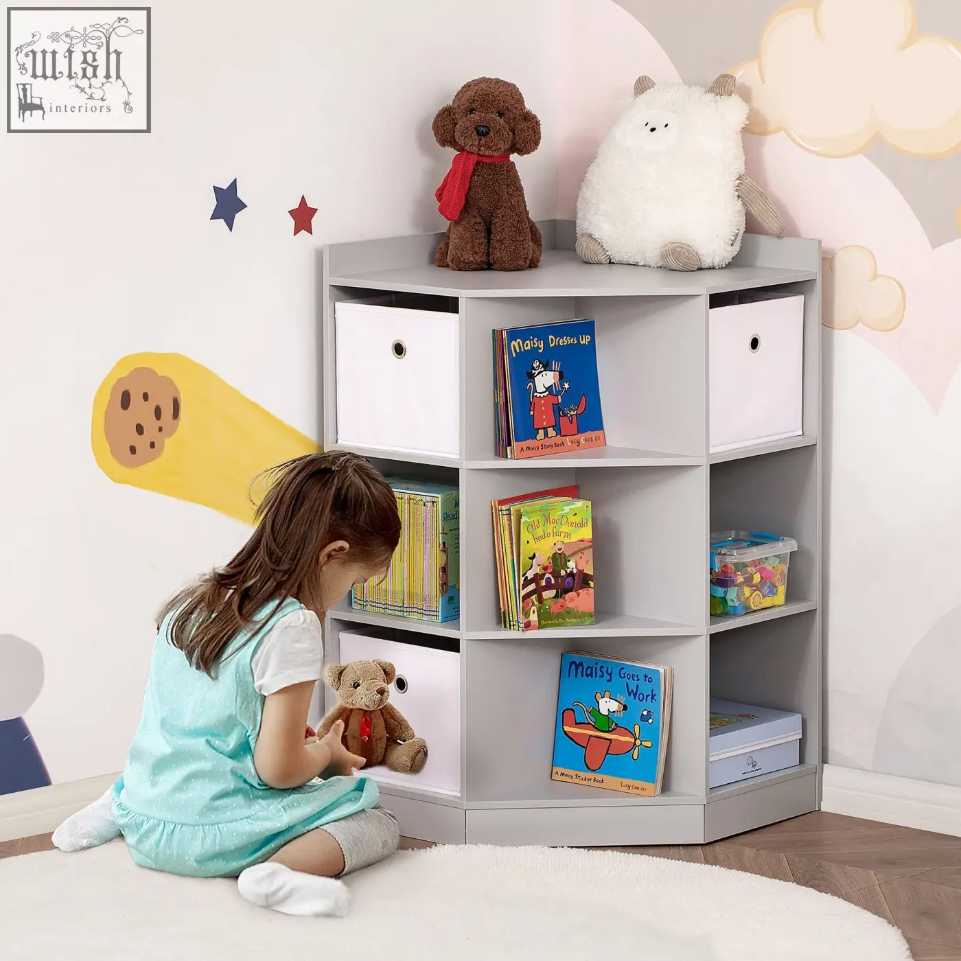 Gray homcom kids bookshelf with nine compartments and three drawers holding books toys and stuffed animals