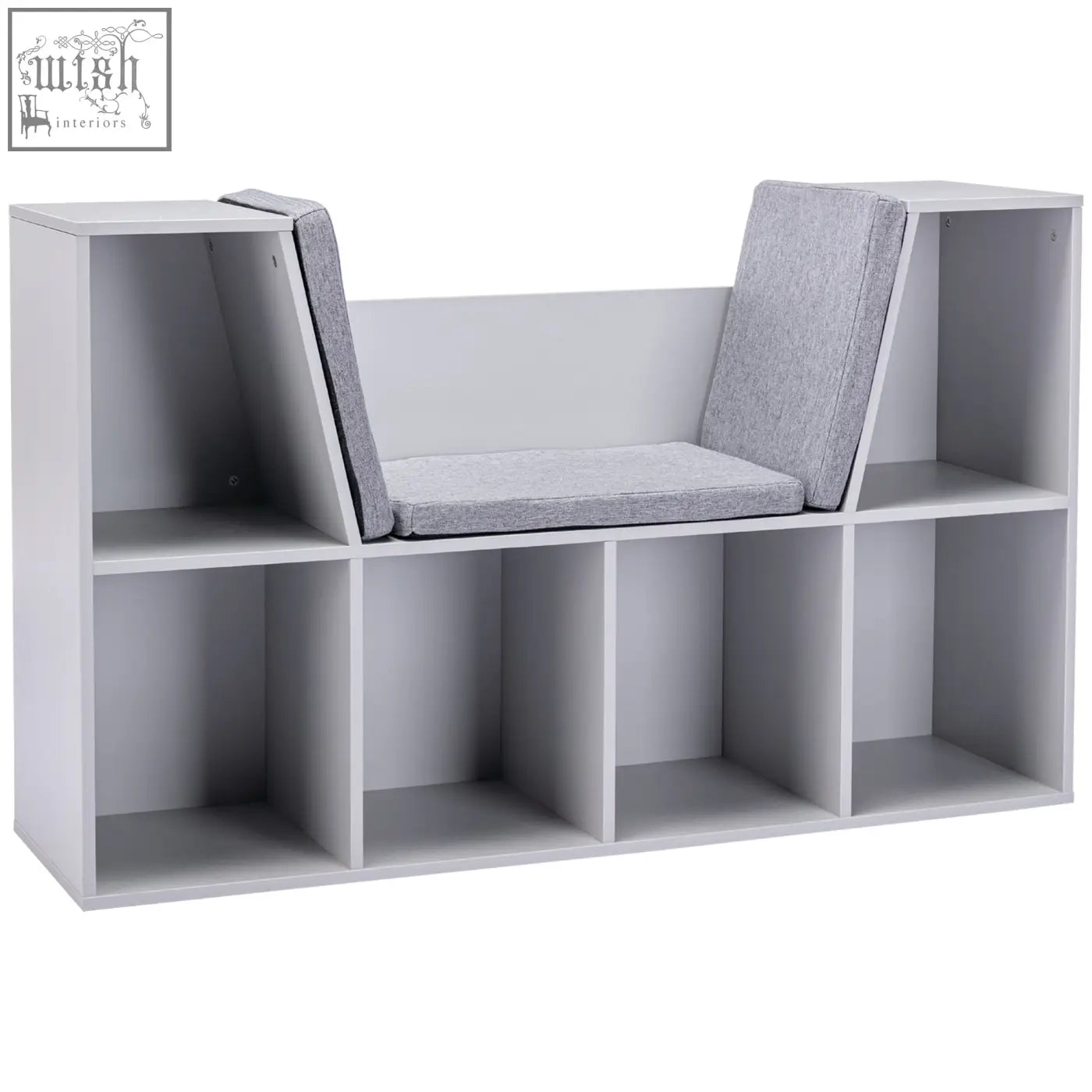 Gray upholstered bench with built-in storage featuring wear-resistant melamine veneer for kids bookcase shelf unit