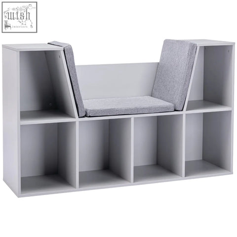 Gray upholstered bench with built-in storage featuring wear-resistant melamine veneer for kids bookcase shelf unit