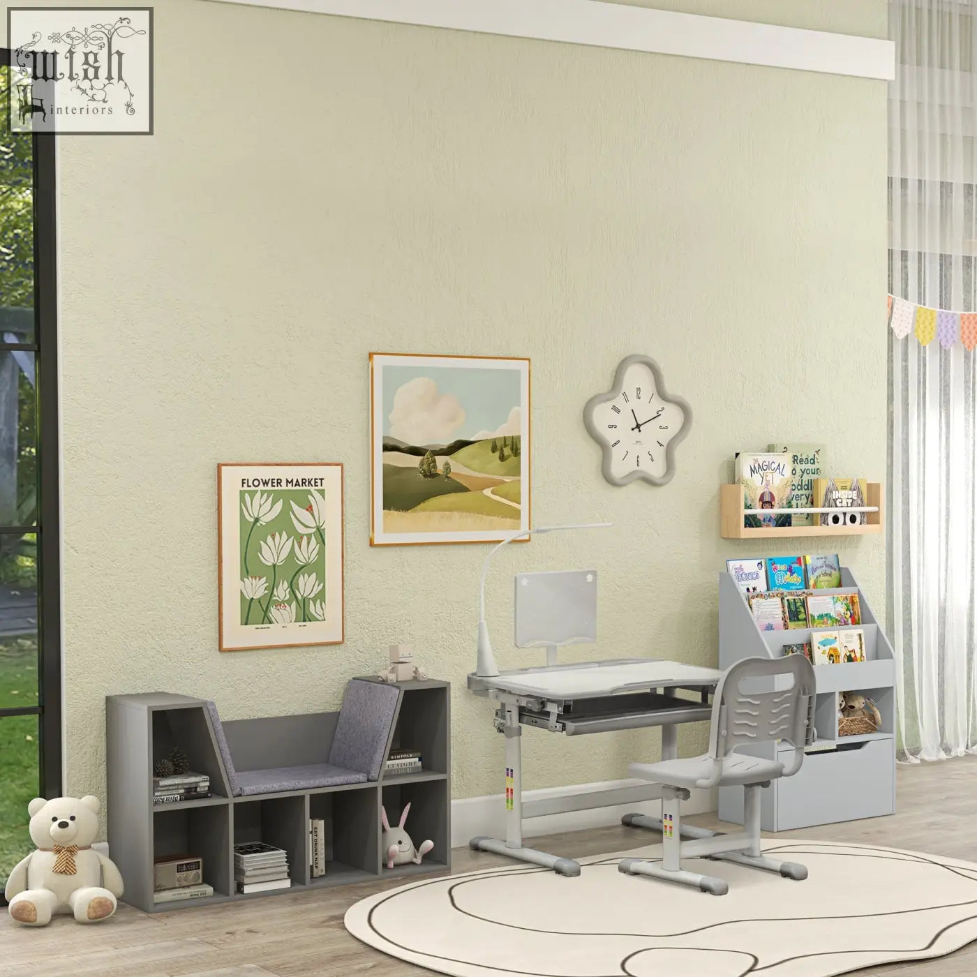 Gray adjustable study desk with matching chair and wear-resistant melamine veneer storage from HOMCOM kids cabinet unit