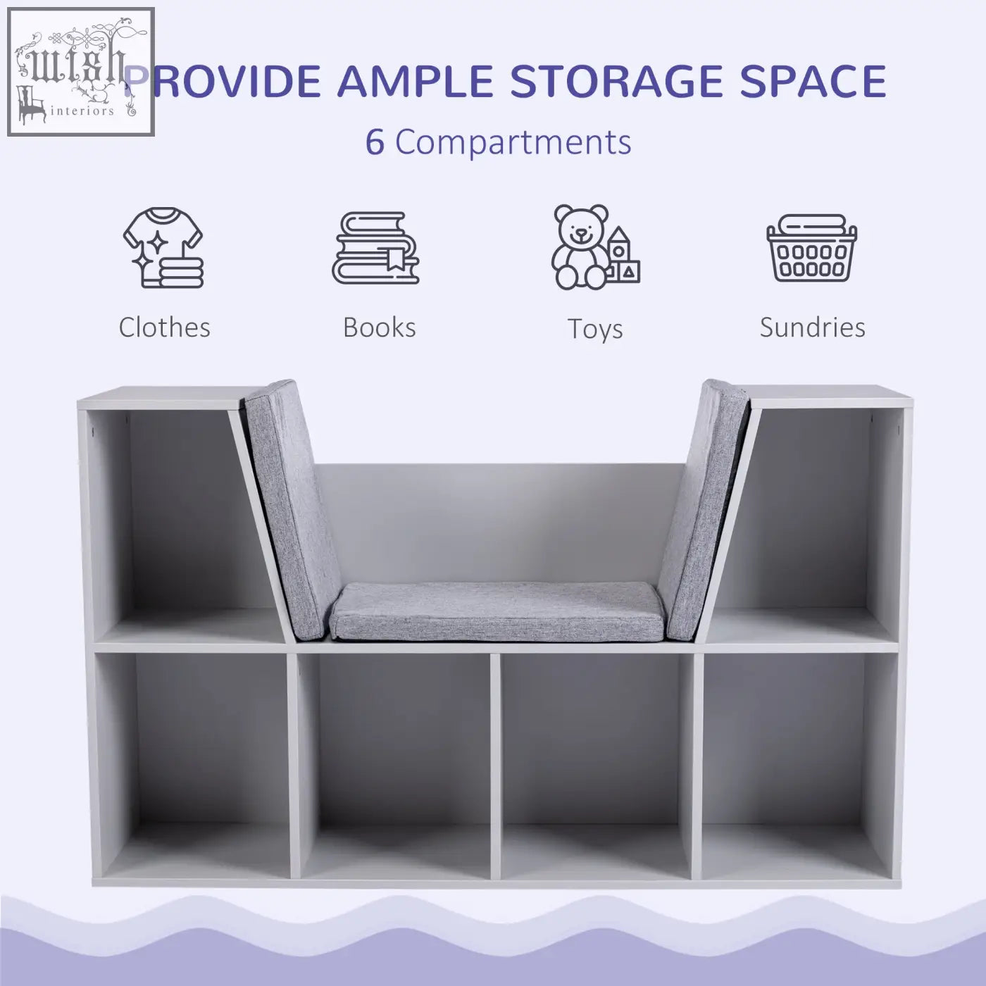 Gray homcom kids bookcase with cushioned seat and six compartments made of wear-resistant melamine veneer for storage