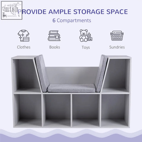 Gray homcom kids bookcase with cushioned seat and six compartments made of wear-resistant melamine veneer for storage