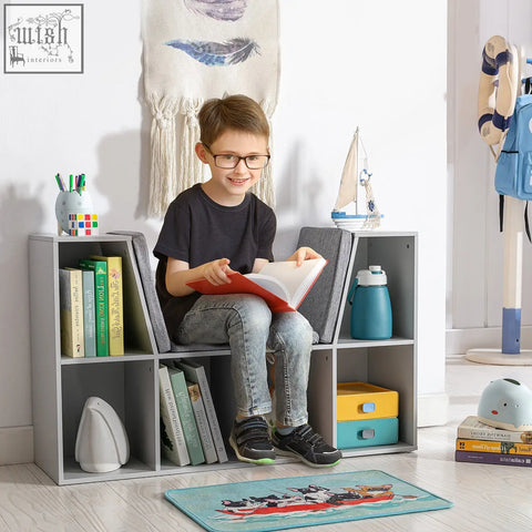 Gray homcom kids bookcase with upholstered backrest and open cubbies made of wear-resistant melamine veneer