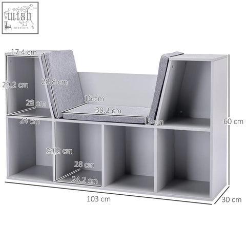 Gray HOMCOM kids bookcase shelf with cushioned seating and open cubbies made of wear-resistant melamine veneer