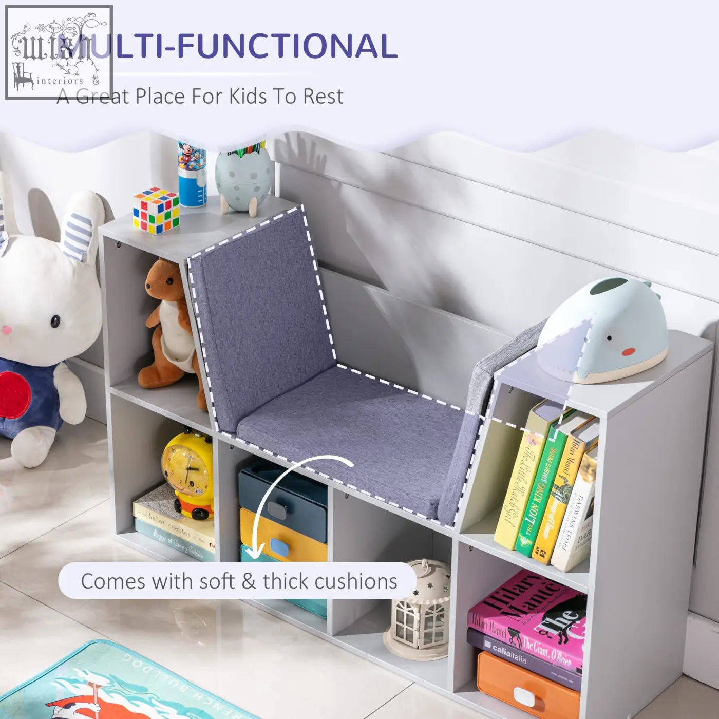 Gray upholstered kids chair with soft cushions built into homcom grey multi compartment wear-resistant melamine veneer shelf unit