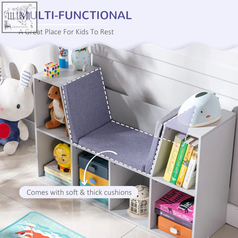 Gray upholstered kids chair with soft cushions built into homcom grey multi compartment wear-resistant melamine veneer shelf unit
