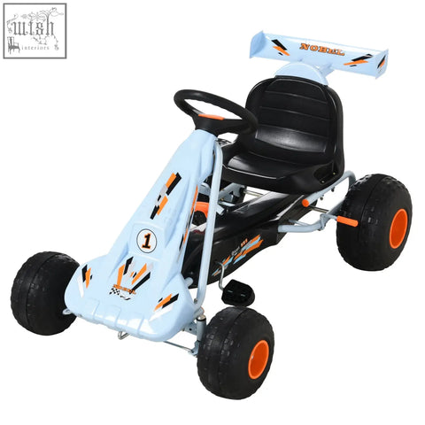Light blue and black homcom kids pedal go kart with orange accents features steering wheel plastic wheels and adjustable seat