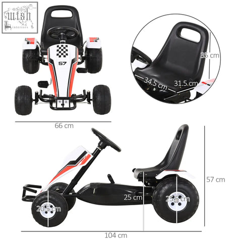 Homcom kids pedal go kart white red with steering wheel four plastic wheels high-quality steel frame for racing fun