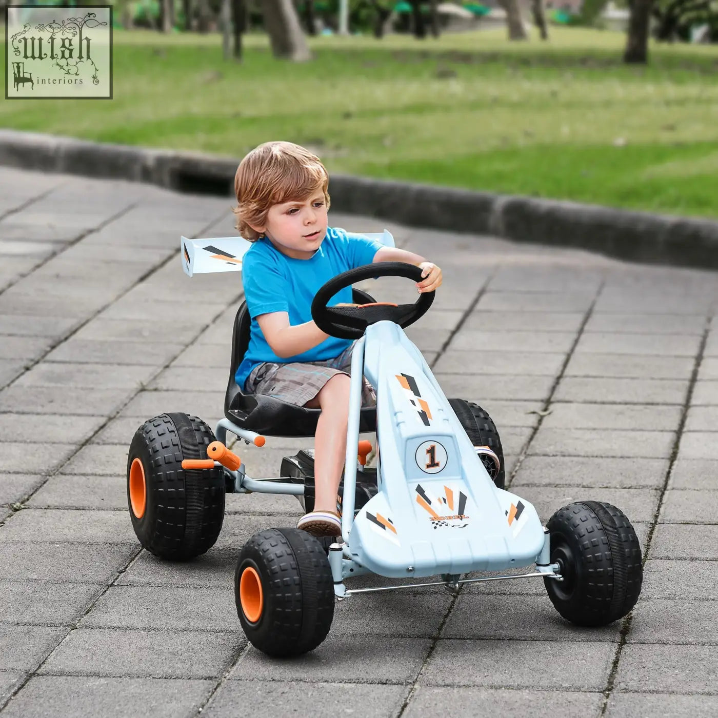 Light blue homcom kids pedal go kart with steering wheel plastic wheels orange rims and white number one decal