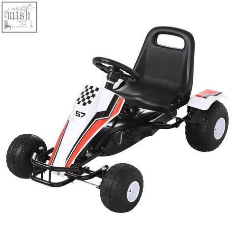 White and black homcom kids pedal go kart with red stripes black seat four plastic wheels high-quality steel frame and steering wheel