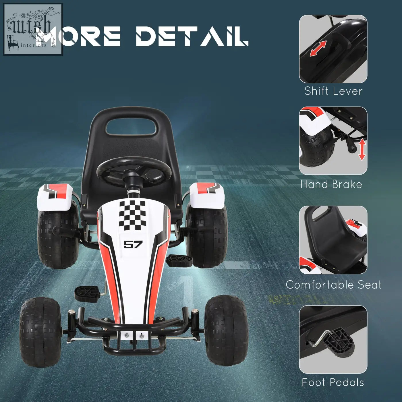 White and red homcom kids pedal go kart with steering wheel four plastic wheels high quality steel frame and checkered flag design