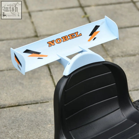 White plastic racing spoiler with nobel branding and orange black lightning decals on homcom kids pedal go kart with steering wheel plastic wheels and high-quality metal frame