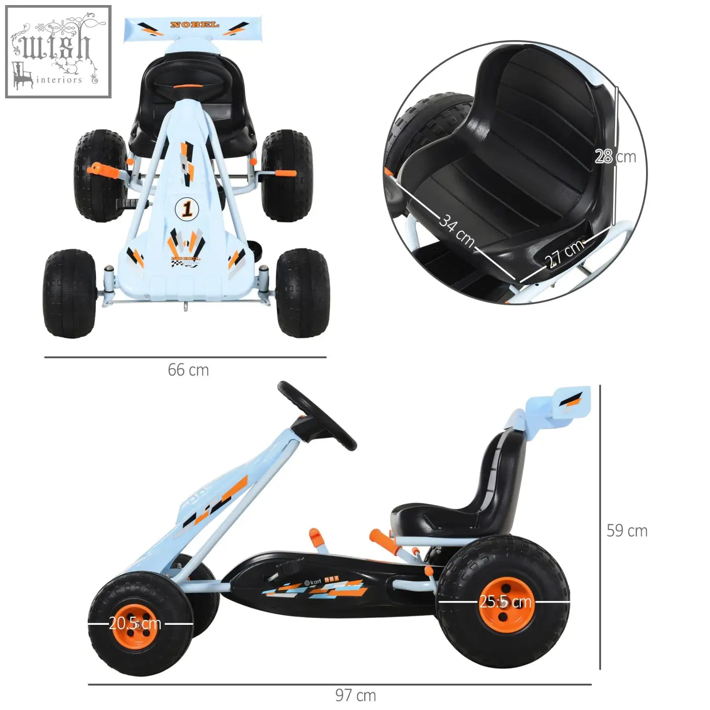 Light blue and black homcom kids go kart with orange accents plastic wheels steering wheel and adjustable seat for outdoor fun