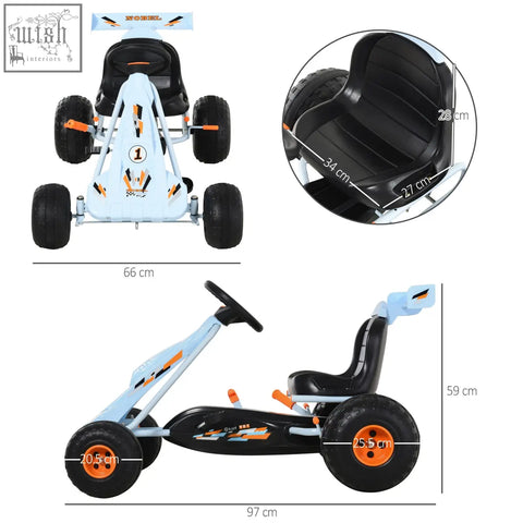 Light blue and black homcom kids go kart with orange accents plastic wheels steering wheel and adjustable seat for outdoor fun