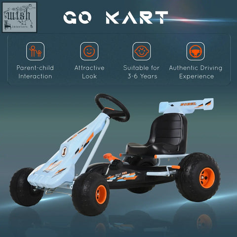 Light blue and black homcom kids pedal go kart with steering wheel high-quality metal frame and plastic wheels for ages 3-6