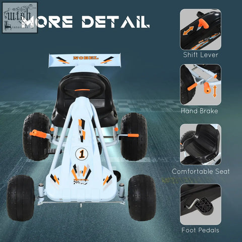 White and black kids electric go-kart with orange accents features a steering wheel high-quality metal frame and plastic wheels