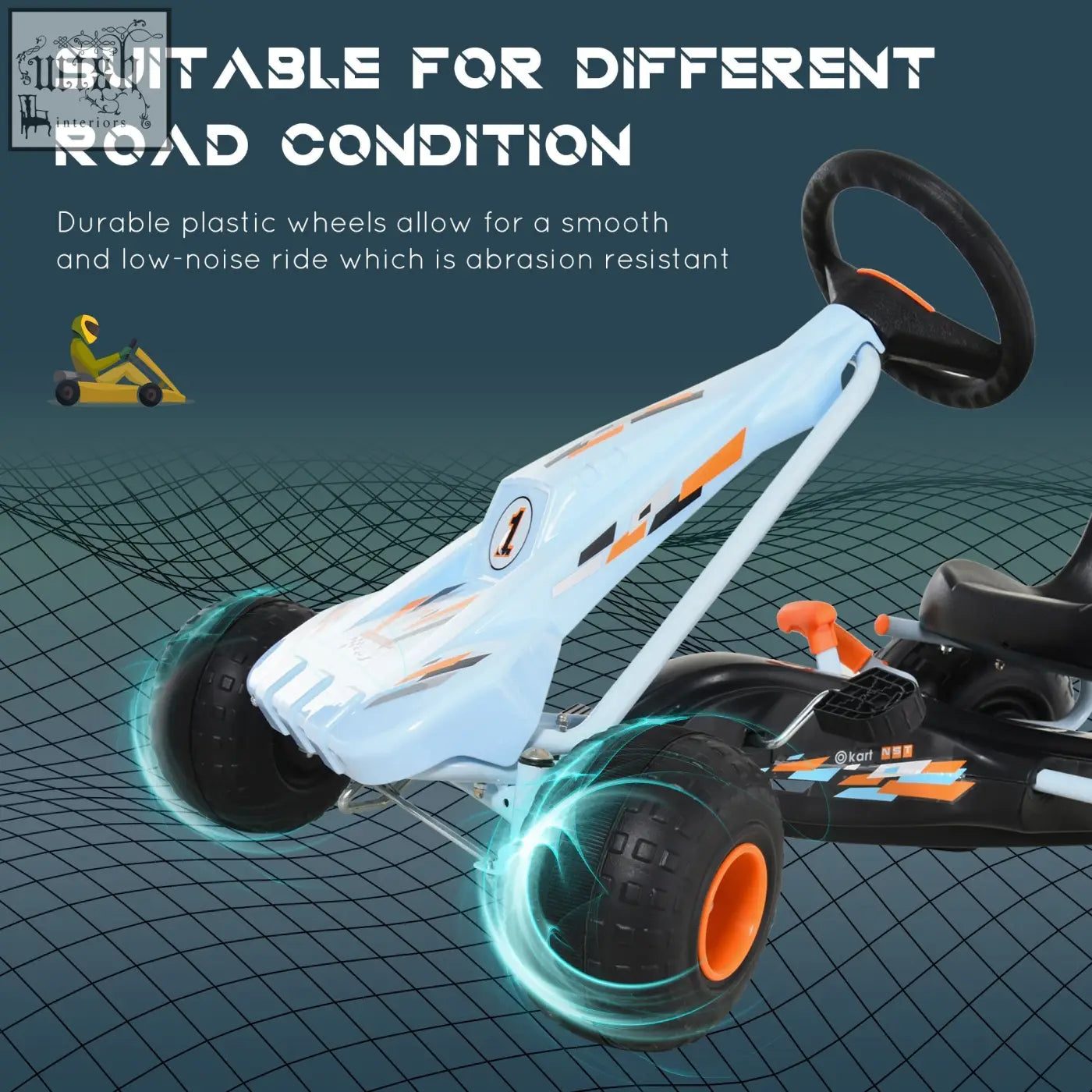 Light blue and black homcom kids pedal go kart with orange accents plastic wheels steering wheel and adjustable seat