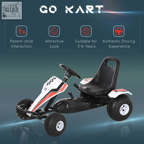 Black and white homcom kids pedal go kart with red accents featuring steering wheel four plastic wheels and high-quality steel frame