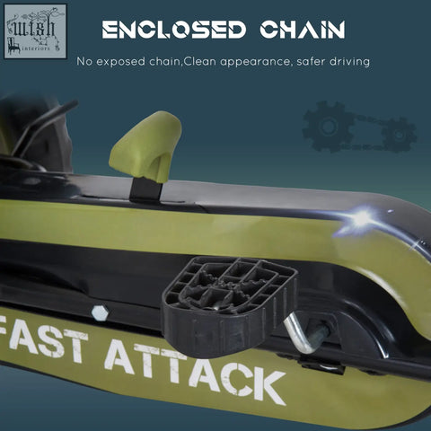 Close-up of yellow and black enclosed chain drive with textured plastic housing on homcom green pedal go kart with adjustable seat and eva tyres