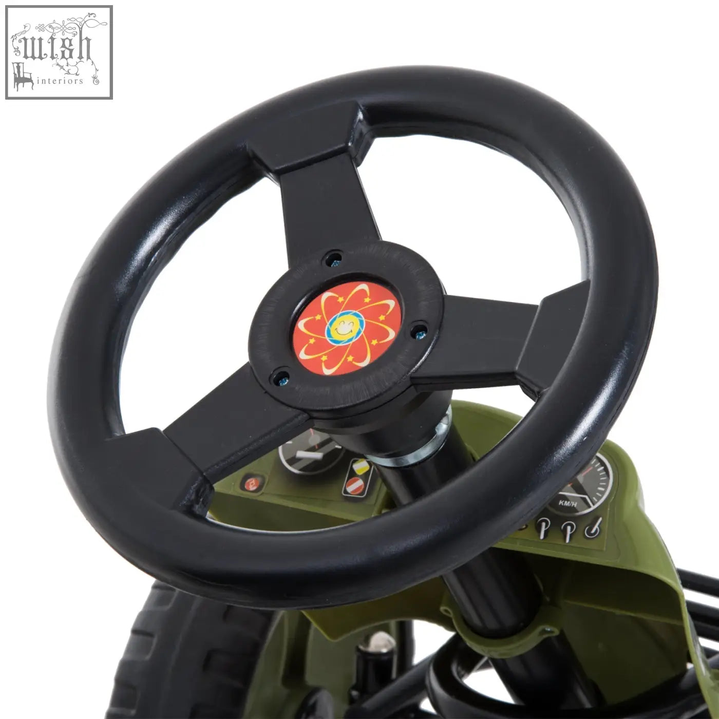 Black plastic steering wheel with red yellow atomic symbol on olive green homcom kids pedal go kart with adjustable seat and eva tyres for hard surfaces