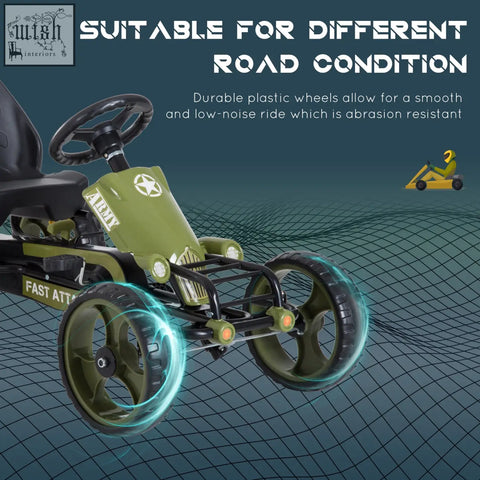 Homcom kids olive green pedal go kart with adjustable seat and eva tyres for riding on hard surfaces