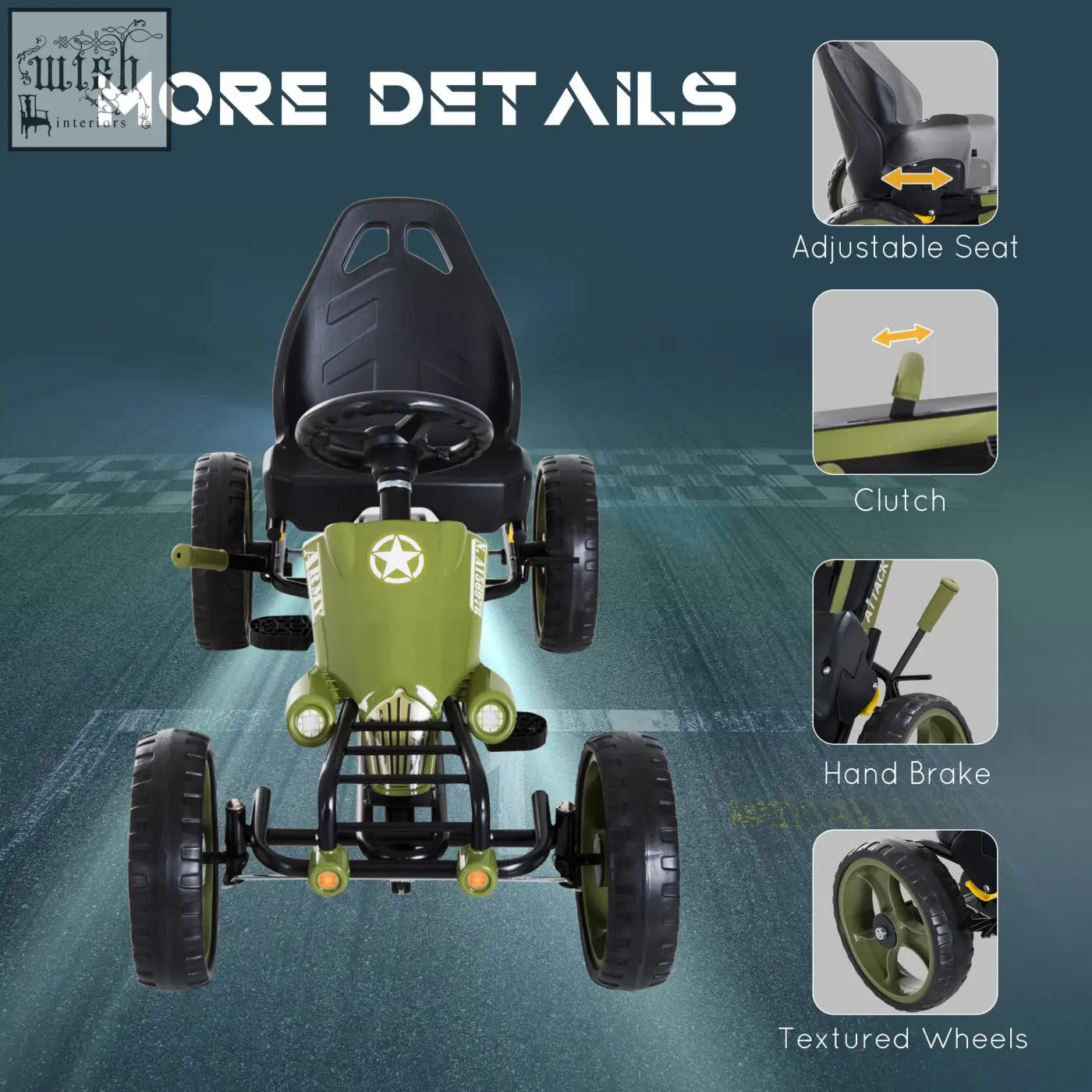 Homcom kids pedal go kart in olive green with adjustable seat and eva tyres perfect for hard surfaces