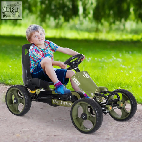 Olive green homcom kids pedal go kart with adjustable seat and eva tyres for hard surfaces fast attack design