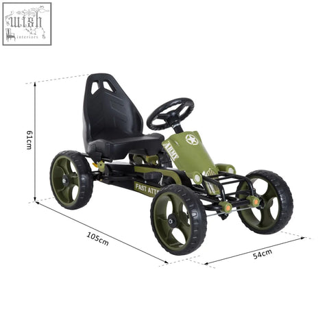 Olive green homcom kids pedal go kart with adjustable seat eva tyres and braking system for hard surfaces
