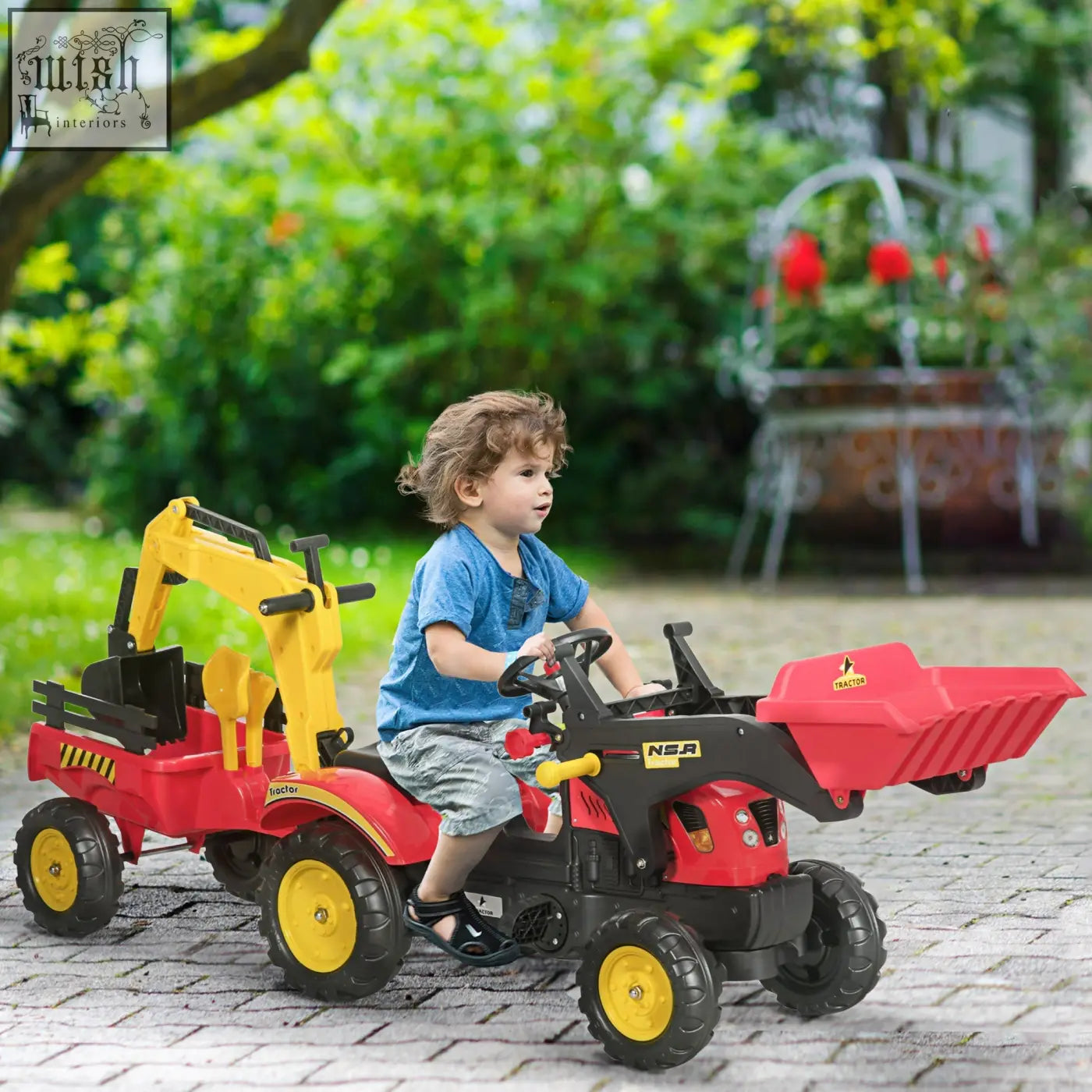 Red and black kids pedal tractor with yellow wheels steering wheel and high-quality steel frame with front loader and excavator arm