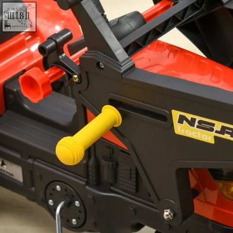 Bright yellow plastic gear handle on red and black nsr tractor toy with high-quality steel frame and steering wheel for kids