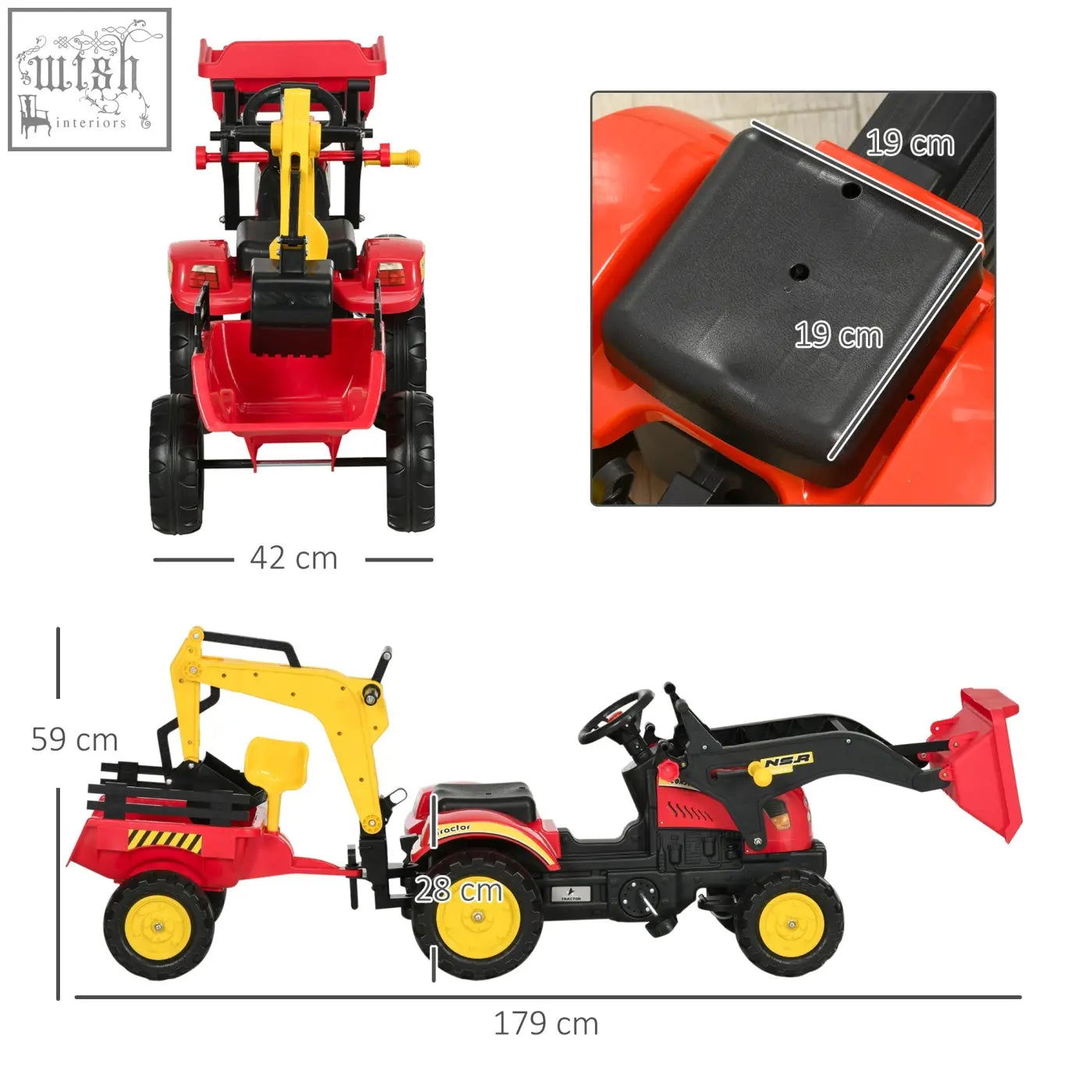 Red and black HOMCOM kids electric tractor with yellow accents, high-quality steel frame, steering wheel, and front loader for ages 3-6