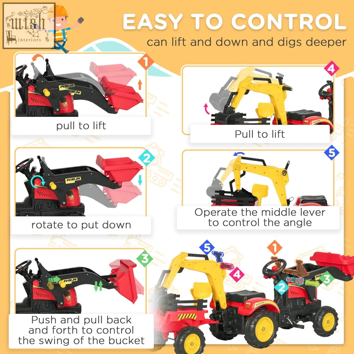 Red and yellow kids ride-on tractor with steering wheel, detachable bucket, and high-quality steel frame for ages 3-6