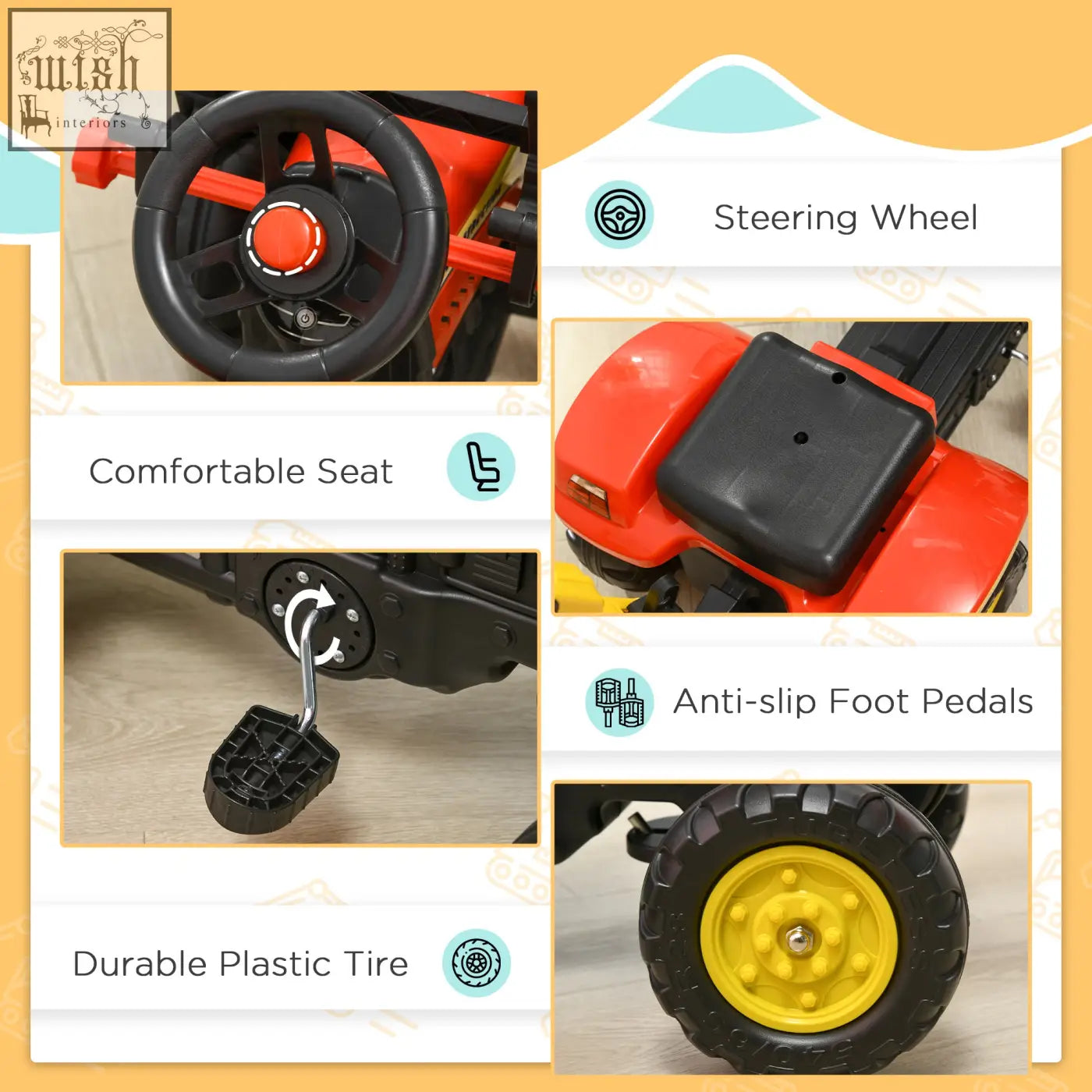 Red and black kids pedal go kart tractor with yellow rims, steering wheel, and high-quality steel frame for ages 3 to 6