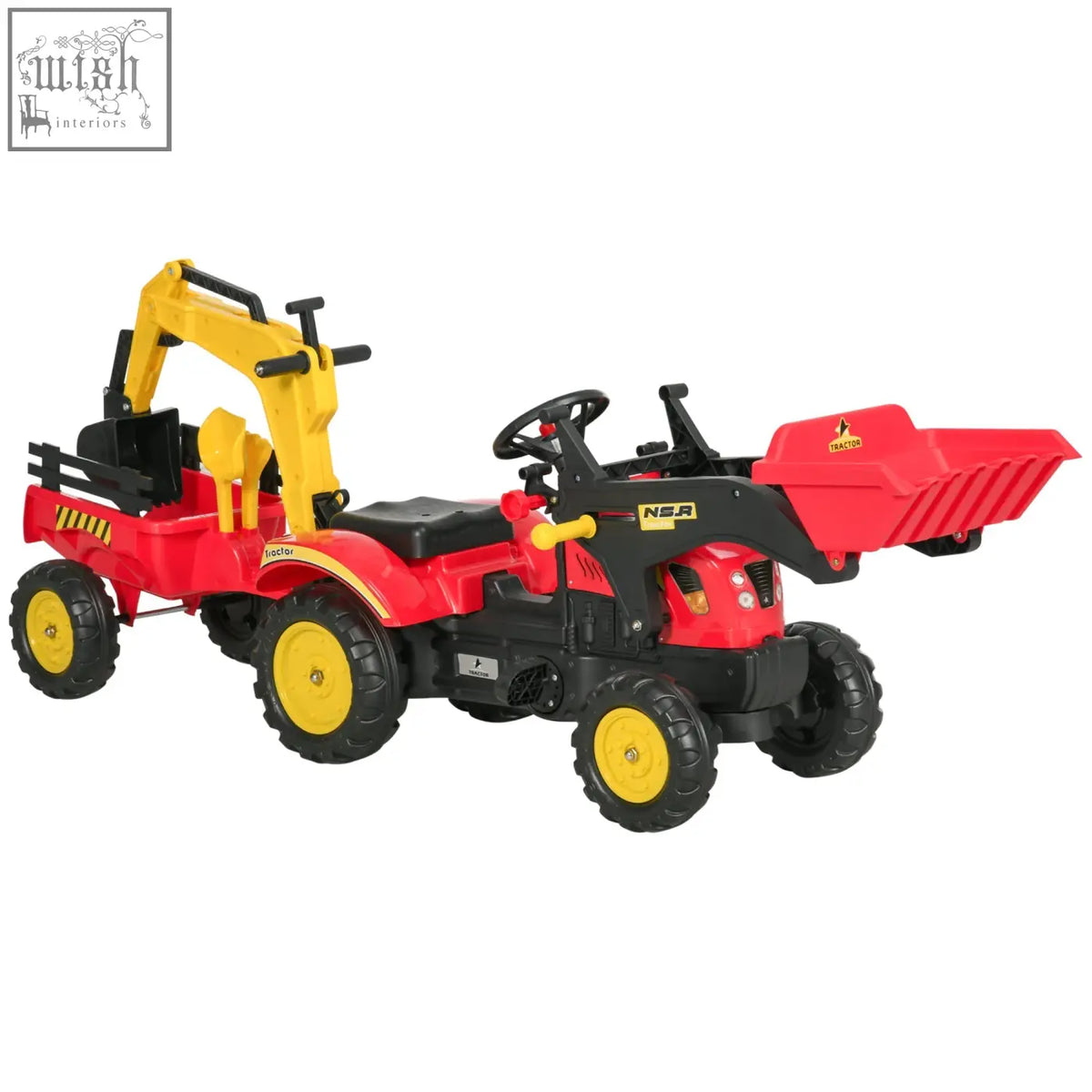 Red and black HOMCOM kids pedal go kart tractor with yellow accents high-quality steel frame steering wheel and front loader