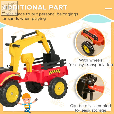 Yellow and red plastic toy excavator with steering wheel and detachable trailer on high-quality steel frame for kids 3-6 years